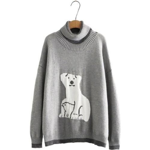 Vintage Gray Turtleneck Sweater Women All-Match Knitted Pullovers 2020 Winter Cute Cartoon Animal Bear Embroidery Female Tops
