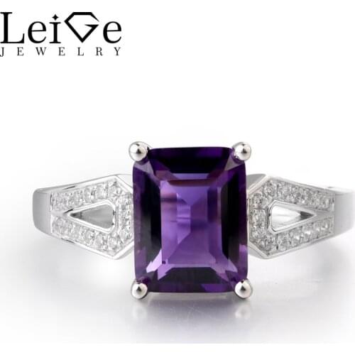 Leige Jewelry Natural Purple Color Amethyst Gemstone 925 Sterling Silver February Birthstone Emerald Cut Anniversary Rings