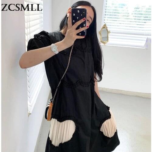 ZCSMLL Korea summer vintage dress woman round neck loose heavy industry stitching pleated fashion black dress female