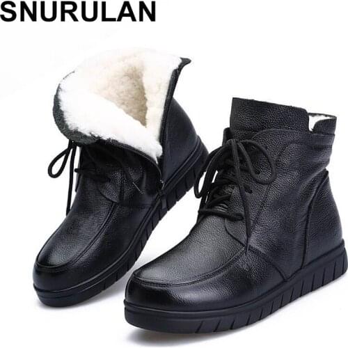 SNURULAN 2019 winter warm women shoes women ankle boots genuine leather flat women winter boots lace-up women boots