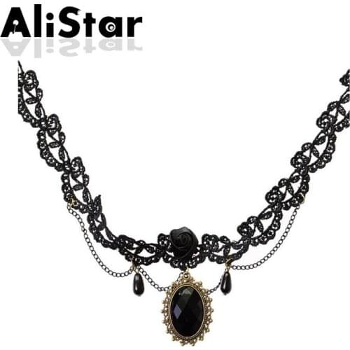 Womens fashion chokers necklaces black lace with stone design pendant necklace elegant vintage exaggerate jewelry #NL013