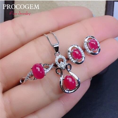 Elegant Natural Real Pink Ruby set for women Party Necklace Ring Earrings Fine Jewelry Sets Genuine Gemstones S925 silver #789