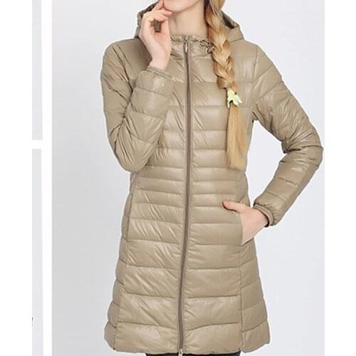 Spring Autumn Nylon Womens Down Jacket Hooded Long Sleeve Cardigan Zipper Pockets Slim Solid Thin Fashion Casual Down Jacket