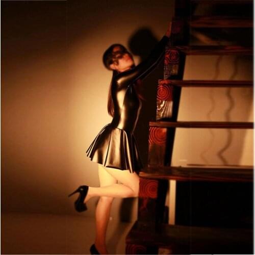 S-XXL Wetlook Latex Dress Long Sleeve Cosplay School Uniform PU Leather Dres Vestido Sexy Club Japanese Style Student Costume