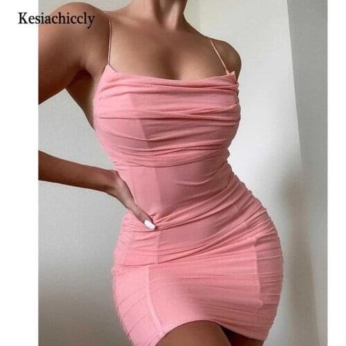 Kesiachiccly Mesh Party Dress Women Ruched Slim Fit Bodycon Mini Dress Pink Summer Club Wear Backless Double Layers Sexy Dress