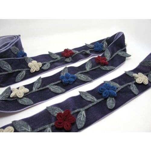 2 Inches Purple Felt Flower Velvet Trim|Embroidered Floral Ribbon|Clothing Belt|Vintage Costume|Sewing Supplies