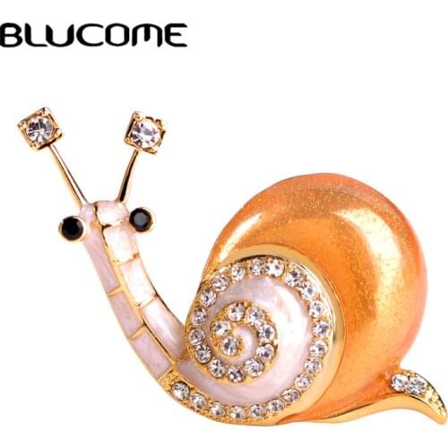Blucome Large Orange Enamel Esmaltes Snail Brooches For Women Girls Corsages Gold-color Crystal White Animal Brooch Bijouterie