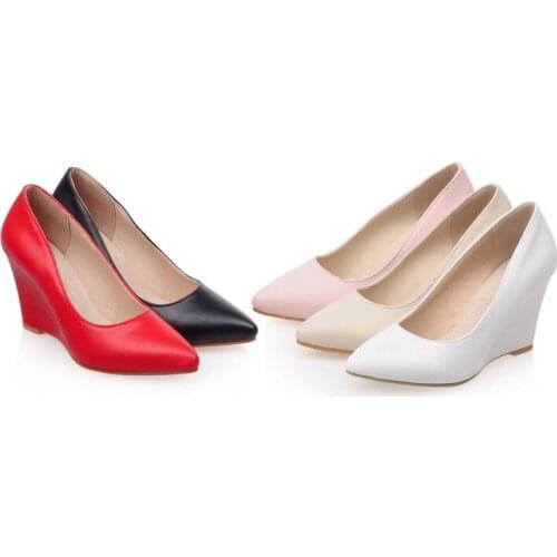 Big size 33-43 high quality 2019 spring & autumn women solid fashion pointed toe wedges heel high heels pumps 5 colors