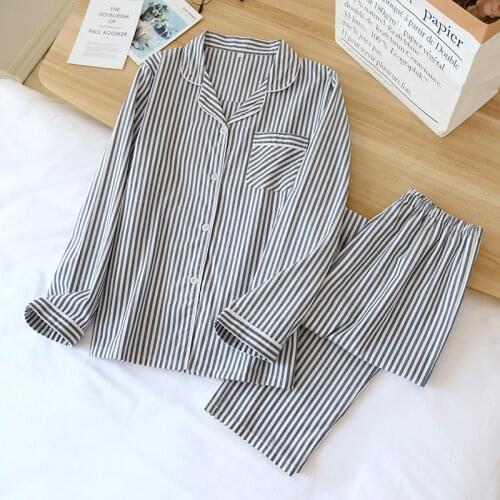 Pyjama Fille Spring/Fall Thin Couple Home Wear Pajamas, Double-layer Gauze Long-sleeved Non-printed Simple Striped Lapel Suit