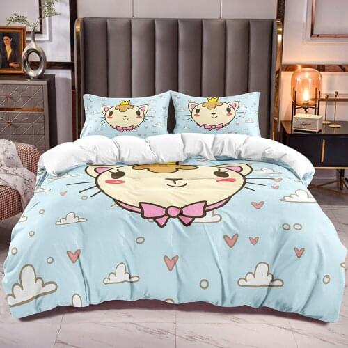 Children Bedding Duvet Cover with Cartoon Cat Print Kids Comforter Cover Zipper Closure with Pet Cat Pattern