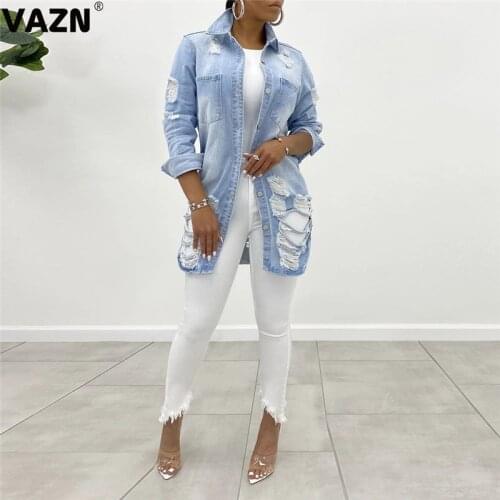 VAZN 2020 High-end Hot Popular Young High Street Young Hollow out Denim Outwears Full Sleeve Solid Women Slim Long Outwears