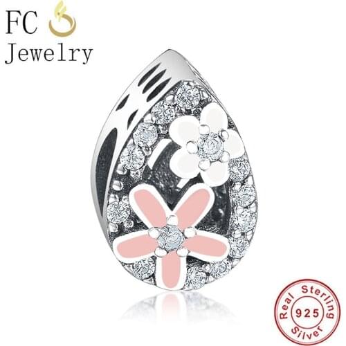 FC Jewelry Fit Original Brand Charm Bracelet 925 Sterling Silver Waterdrop Pink Daisy Flower Beads For Making Berloque 2020 New