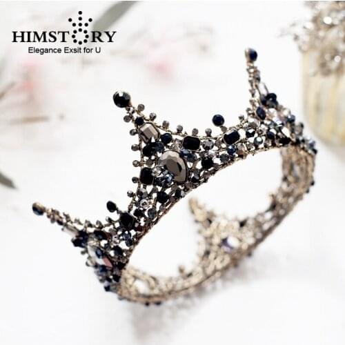 Himstory European Vintage Black Crown Tiara Handmade Black Rhinestone Round Tiara Crown Bridal Wedding Crowns Hair Accessories