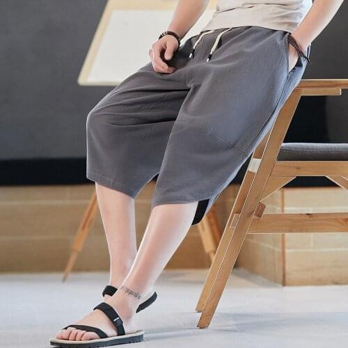 Mens Calf-length Pants Solid Summer Loose Light Casual Shorts Man Comfortable Chinese Style Harem Trousers Plus Sizs PT-512