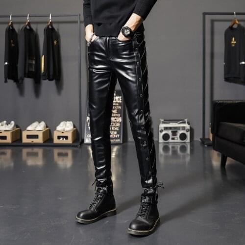 In 2021 the new man pants tight PU leather pants teen fashion personality and feet threading black PU leather pants