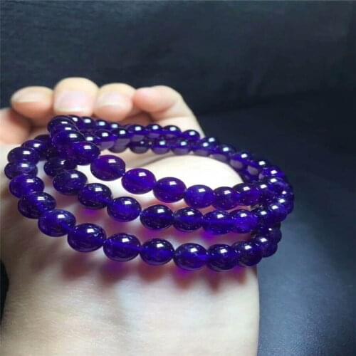 Wholesale Genuine Natural Purple Crystal Women Round Bead Fashion Three-laps Bracelet 6.9mm