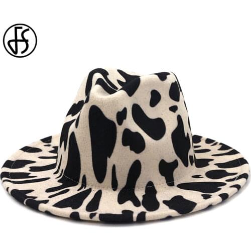 FS Unisex Wool Felt Jazz Fedora Hats For Men Women Winter Cow Print Trilby Flat Wide Brim Panama Party Formal Cowboy Hat White