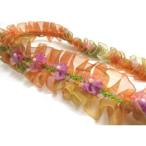 Pleated Trim|w Rococo Flower Trim|1 1/2 Inches Pleated Ombre Printed Chiffon Trim|Organza Chiffon Trim|Retro Handmade Supplies