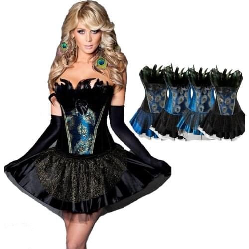 HOT Lady Gothic Steampunk Corset With Skirt Costume Fashion Feather Embroidery Tulle Carnival Party Fancy Dress