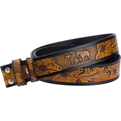 No Buckle Belt Genuine Leather Horse Cross Pattern Width 3.8cm