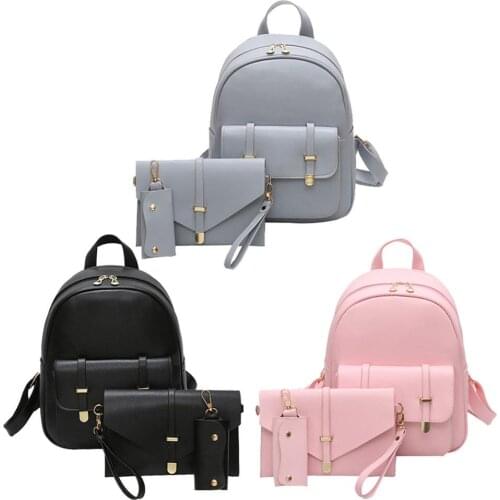 3pcs/Set Women PU Leather Backpack Female Solid Color School Bags Teenage Girls Multi-Pockets Book Bag Female Daily Travel Bags