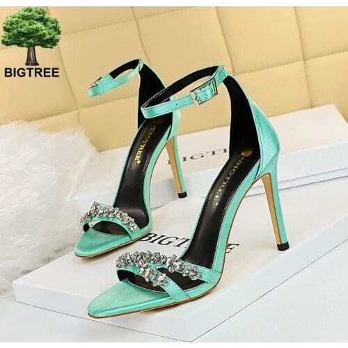BIGTREE Luxurious Crystal Womens Pumps Summer Thin High Heels Stiletto Super High Heel Satin Hollow Open Toe Rhinestone Sandals