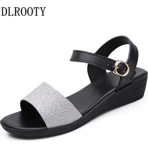 Women Sandals Summer Shoes Woman Wedges Fashion Bling Buckle Strap Genuine Leather Comfortable Casual Platform Female Slides