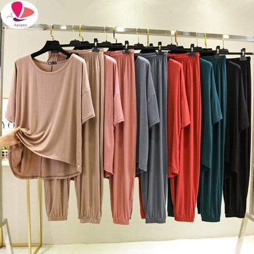 Modal Suit Female Summer Thin Plus Size Loose Half-Sleeve Shirt T shirts Short Sleeve Top Casual Pants Two-Piece Underwear Set