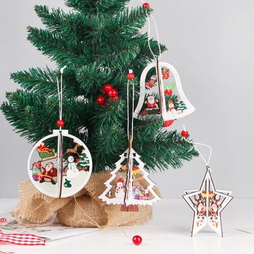 1pc Christmas 3D Bell Star Wooden Pendant Christmas Decoration for Home New Year 2022 Gifts Xmas Tree Ornament Navidad Decor