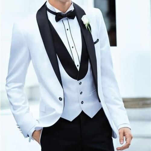 2020 New Custom Fashion Handsome Formal Groom For Wedding Party White Men Suit And Black Pointed Collar Business Casual Costume