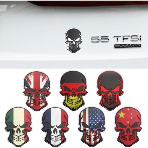 Car Skull Badge Sticker 3D Aluminum UK USA France Italy Germany China National Flag Emblem Auto the Whole Body Decoration Decal