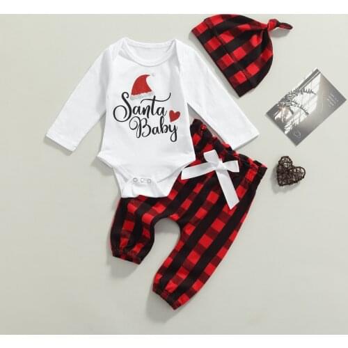 Ma&Baby 3-18M Newborn Infant Baby Girls Boys Christmas Clothes Letter Long Sleeve Romper Red Plaid Pants Hat Xmas Outfits DD40