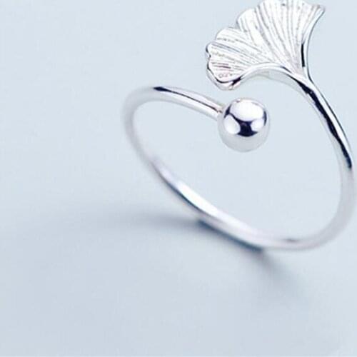 Elegant Ginkgo Leaf Round Bead 925 Sterling Silver Open Rings For Women Anillos Mujer Female Accessories Gifts Bijoux SR340