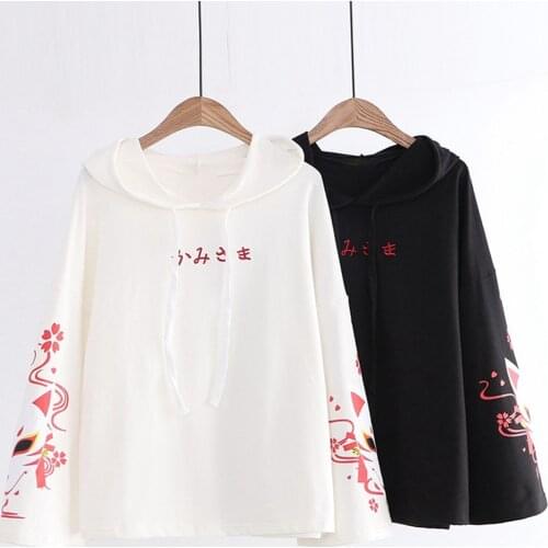 Japan Sweatshirt Women Elegant Sukura Flower Print Cat Face Kawaii Hoodies Cute White Hoodies Girls Long Sleeve Pullover Moletom