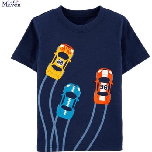 Little Maven New Summer Children Blue Automobile Race Cars Printed O-neck Short- sleeved Cotton Knitted Boys Casual Tshirts