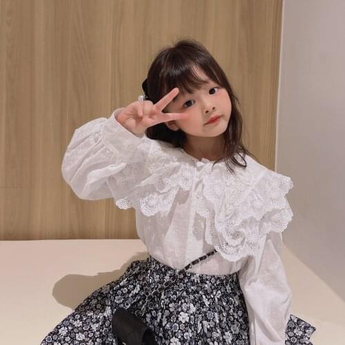 2021 Girls' Autumn New Shirt Korean Style Lace Middle and Big Children Baby Girls' Bubble Long Sleeve Top