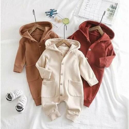 Infant Baby Boy Girl Kid Solid Color Hooded Romper Autumn Winter Single Breasted Long Sleeve Jumpsuit Clothes Suit