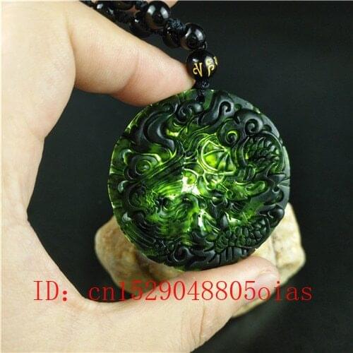 Certified Chinese Natural Black Green Jade Dragon Phoenix Pendant Necklace Charm Jewelry Fashion Accessories Carved Amulet Gifts
