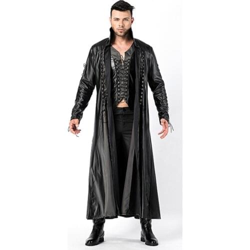 Faux Leather Long Gothic Coat Halloween Costumes For Men Party Dracula Vampire Male Warrior Selene Outfit Devil Cosplay Clothing
