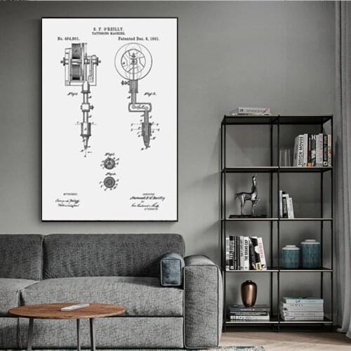 First Tattoo Machine Patent Prints Tattoo Parlor Canvas Painting Posters and Prints Vintage Blueprint Wall Picture Decoration