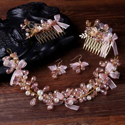 FORSEVEN Gold Color Rhinestones Crystal Imitation Pearls Headband Pink Hair Comb Earrings Wedding Hair Accessories Jewelry Sets