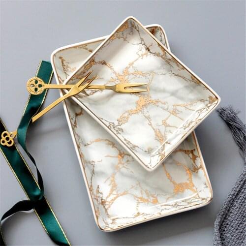 Nordic Gold Marble Pattern Ceramics Table Storage Plate Chic Minimalist Dessert Jewelry Office Desk Storage Organizer Decor