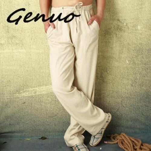 Genuo Mens Linen Cotton Pants Full Length Summer Loose Light Casual Linen Trousers Man Leisure Home Comfortable Pants Male