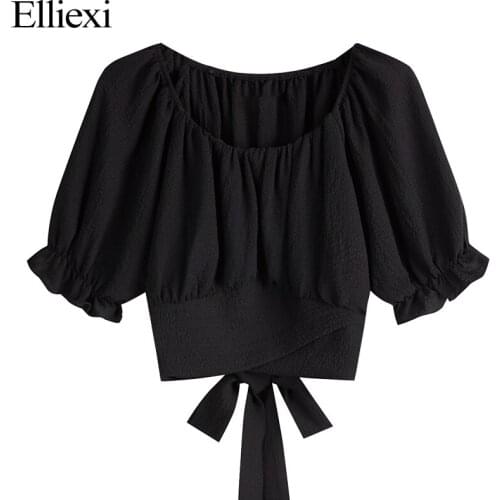 Elliexi Puff Short Sleeve Tops Women Bow Tied Sashe Hem Womens Solid Summer Chic Fashion Streetwear Bandage Off Shoulder Tops