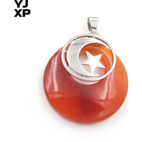 YJXP Silver Plated Round Hollow with Star Pendant Half Moon Red Agates Vintage Jewelry