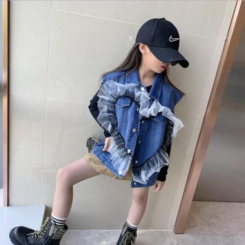 2021 Korean style girls denim patchwork coat fashion good quality autumn girls waistcoat 5-11t B844