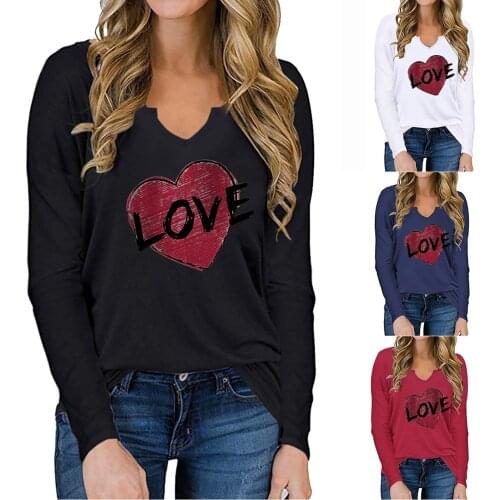 Spring Autumn Womens Love Heart Shape Letter Pattern V-neck Print Long Sleeve T-shirt Long Sleeve Girls Comfortable Clothing