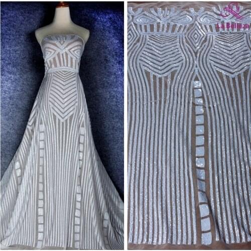 La Belleza black/white sequins on 4 ways stretch mesh embroidery lace fabric 1 yard