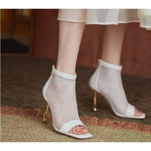 Ladies Black White Mesh Peep Toe Thin Heels Ankle Boots Woman 10 CM Gold Metal Heel Sexy Casual Hollow Out Short Boots Shoes