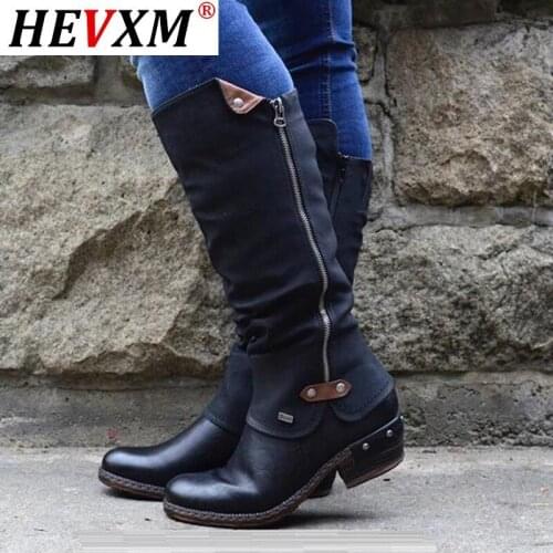 Women Cowboy Knee Boots Punk Boots Western Arch Support Winter Warm Shoes Low Thick Heel Side Zippper Booties Long Shoe Winter